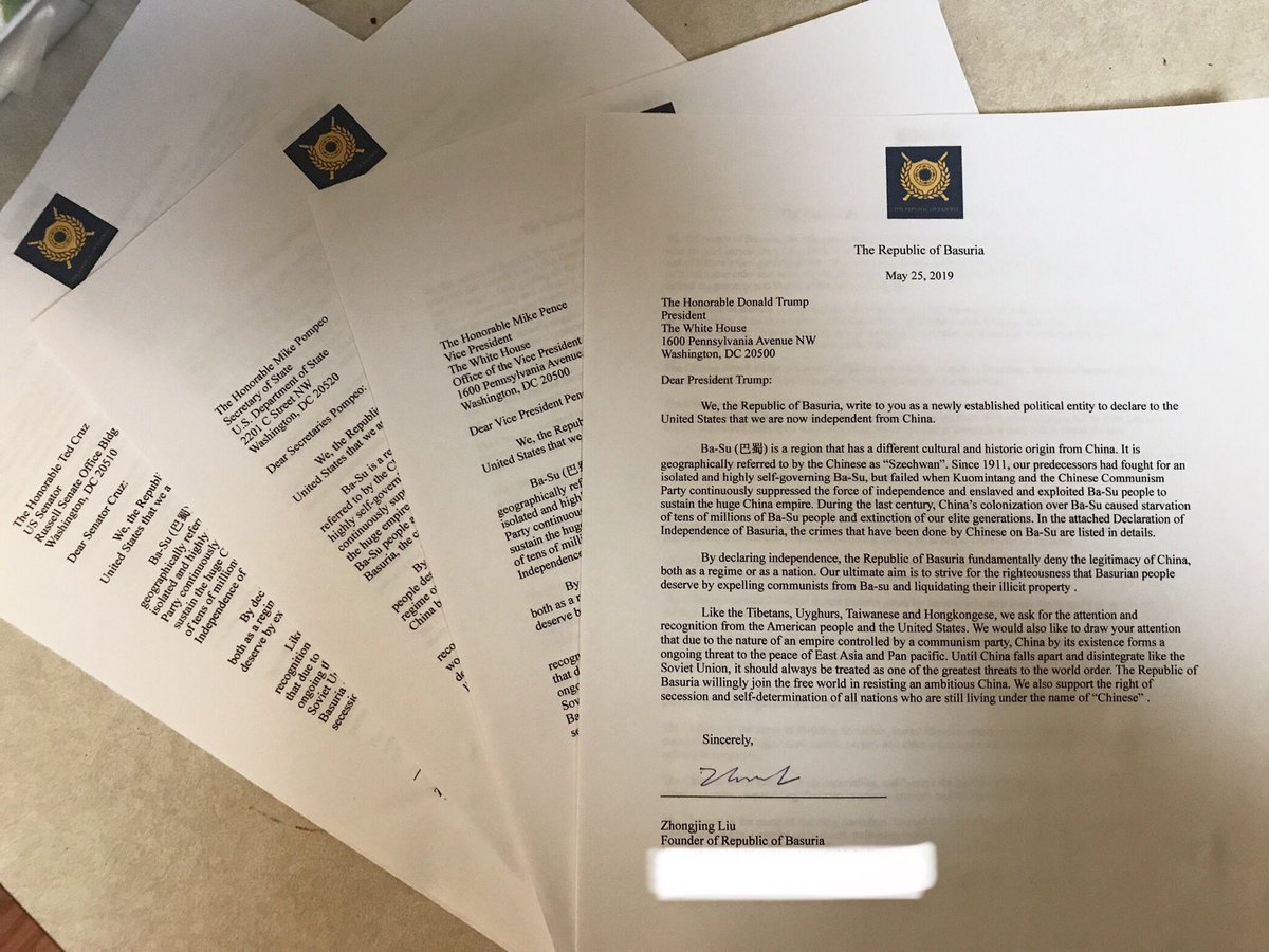 RBasuria's tweet image. Letters from Republic of Basuria with our Declaration of Independence to the US president, Vice President, Secretary and Senators are on their way. @realDonaldTrump @VP @SecPompeo @marcorubio @SenTomCotton @SenAngusKing @SteveDaines @SenatorLankford 
@SenatorCardin @JohnCornyn