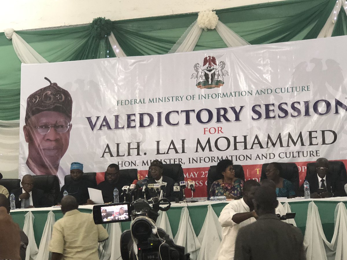 Tinubufrontier's tweet photo. [PHOTO NEWS]
Happening now:

Valedictory session in honour of the honourable minister of Information and culture, Alh. Lai Mohammed by the ministry of information and culture, radio house, Abuja. @deleyewilliams https://t.co/Q5XxPLWQrq