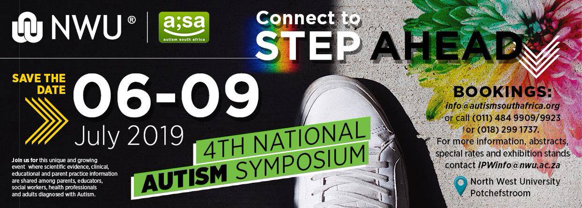 NWU - North-West University (@thenwu) on Twitter photo <a href="/theNWU/">NWU - North-West University</a> Institute for Psychology & Well being together with <a href="/AutismSAfrica/">Autism South Africa</a> are set to host the 4th National Autism Symposium on the 6th-8th of July 2019. ow.ly/9cI150ulxnS
Register here 👉🏽 ow.ly/j3uX50ulxnU
#MyNWU #Autism #AutismAwareness <a href="/theNWU/">NWU - North-West University</a> Institute for Psychology & Well being together with <a href="/AutismSAfrica/">Autism South Africa</a> are set to host the 4th National Autism Symposium on the 6th-8th of July 2019. ow.ly/9cI150ulxnS
Register here 👉🏽 ow.ly/j3uX50ulxnU
#MyNWU #Autism #AutismAwareness