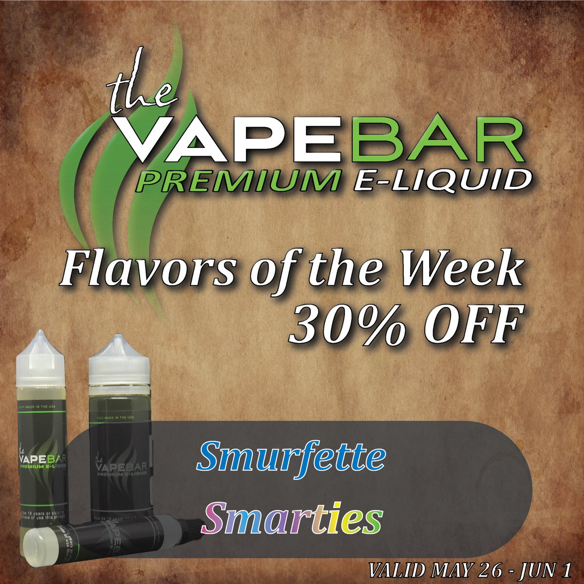 ***Flavors of the week***

**Come in and get 30% off the following flavors:

*Smurfette*
*Smarties*
#vape #vaper #vapenation #ejuice #eliquid #vapelife #vapedaily #vapeclouds #vapecommunity #vapesociety #thevapebar