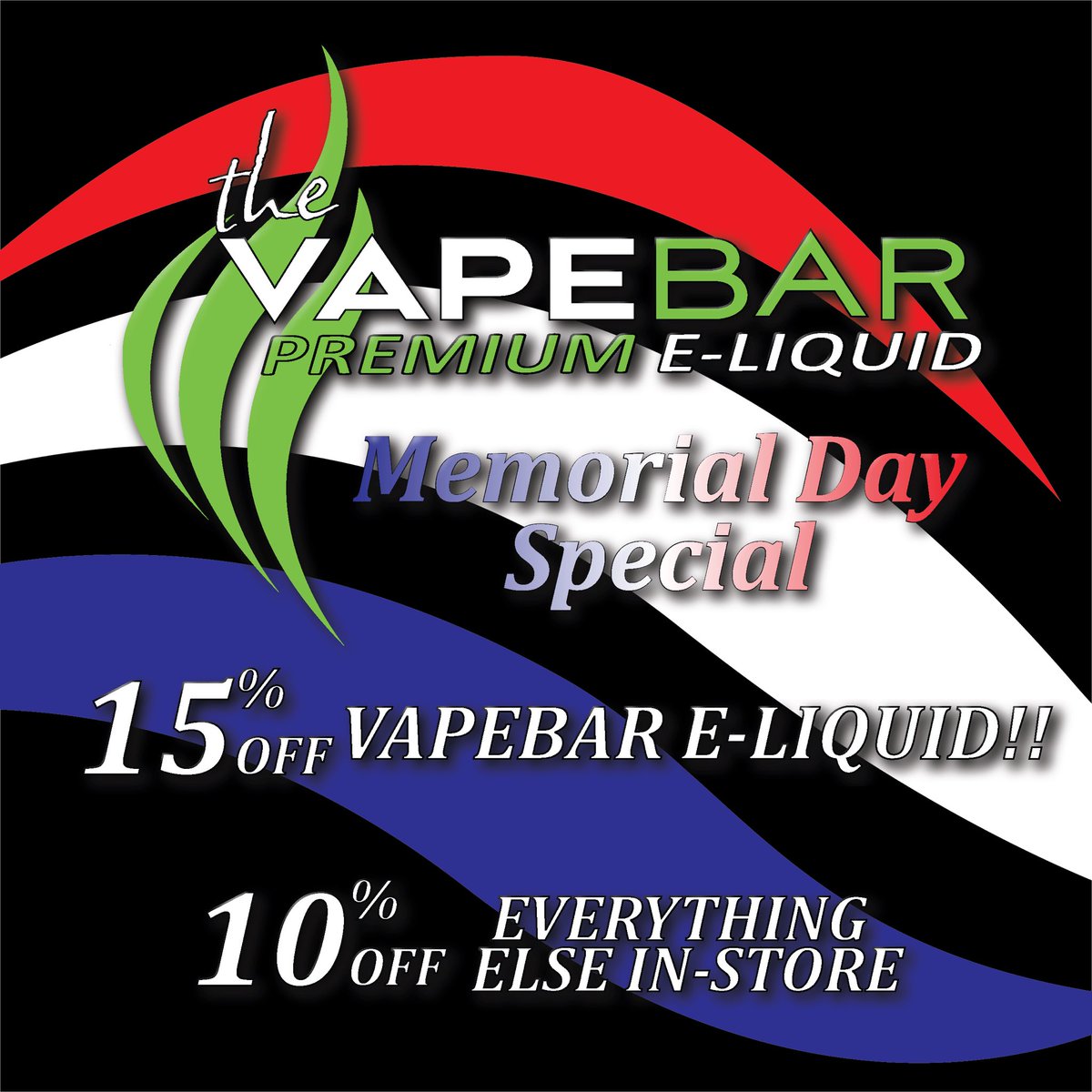 Swing by today and take advantage of the amazing deal we have going on this Memorial Day!!
#vape #vaper #vapenation #ejuice #eliquid #vapelife #vapedaily #vapeclouds #vapecommunity #vapesociety #thevapebar #memorialdaydeals #memorialdaydeal