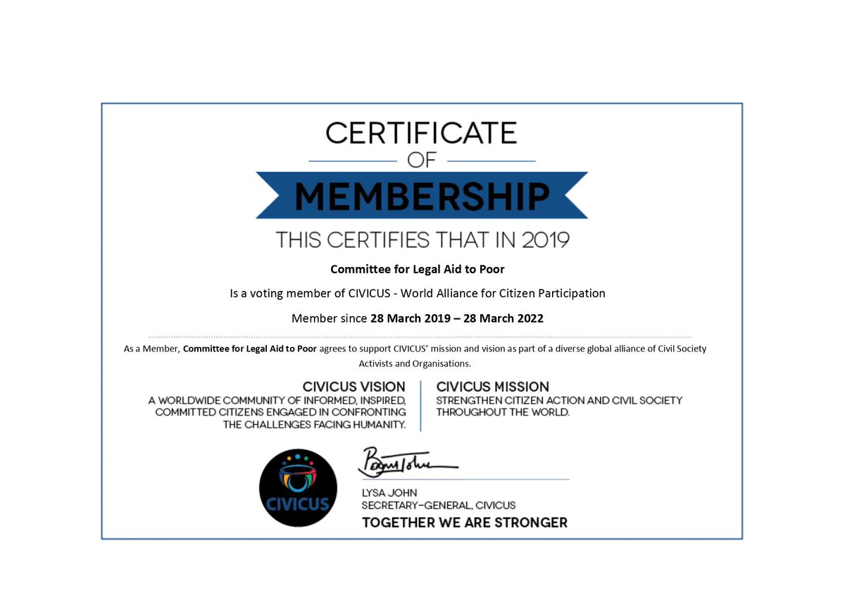 clap_india's tweet photo. CLAP has been conferred with the membership certificate of 
CIVICUS, a global alliance of civil society organizations and activists dedicated to strengthening citizen action and civil society throughout the world. https://t.co/Oxcs9CkiMU