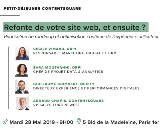 ContentSquareFR's tweet photo. ⚠️ J-1 🕑
DEMAIN, 2 témoignages d'experts: @Orpi_France et @nexity seront présents pour vous parler de la refonte d'un site web et la personnalisation de la page d'accueil.
Des questions ? Inscrivez vous ici : https://t.co/I7lduT9NS8 🙂
#petitdejCS #Conversion #refonte https://t.co/3jfyzCYPsT
