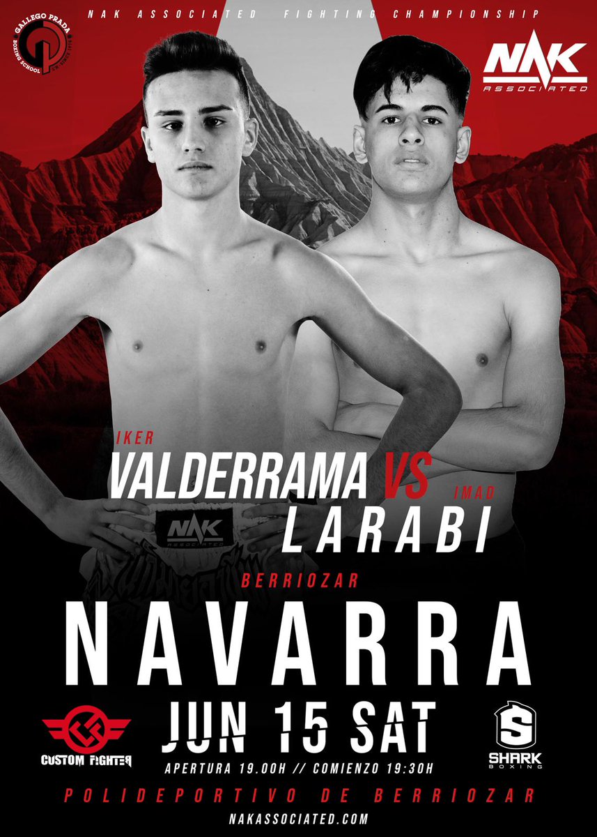 NakAssociated's tweet photo. Quienes conoces a Valderrama destacan de él su rapidez y la madurez de sus movimientos pese a su destacada juventud. En frente tendrá a Larabi, que es potencia, fuerza y "locura" en el combate. ¿Quién crees que ganará? el 15 de junio saldremos de dudas en #Berriozar, #Navarra. 💪 https://t.co/KxrwxaJzJE