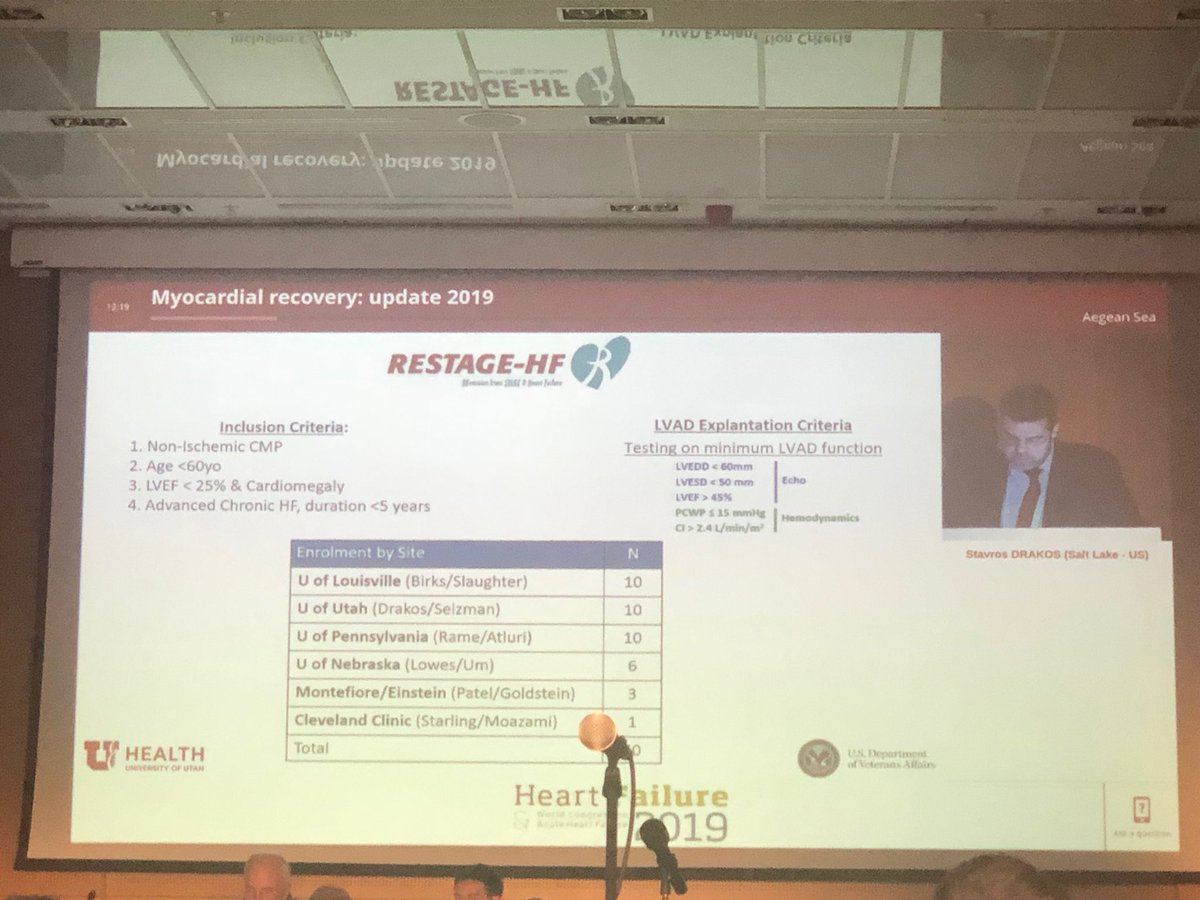 Dr Drakos presents the restage HF trial results of the LVAD explantation. ⁦@escardio⁩ ⁦@GiuseppeGalati_⁩ ⁦@mmamas1973⁩ ⁦@BWGHF⁩ #heartfailure2019 #HeartFailureCongress2019 #HeartFailure #lvadexplantation