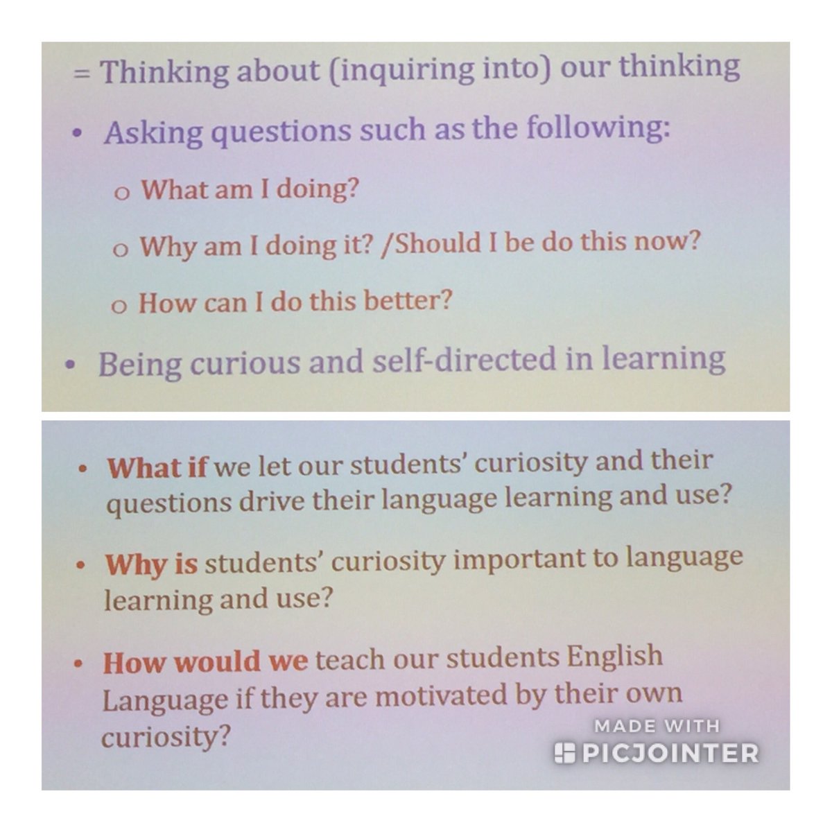 jtweetertan's tweet photo. How can we engender a metacognitive culture in the classroom? These questions are certainly good food for thought as we think about how to get pupils fired up about what they are learning such that they would want to find out  more on their own. #hwsPd #excelfest https://t.co/DbfGNkld3z