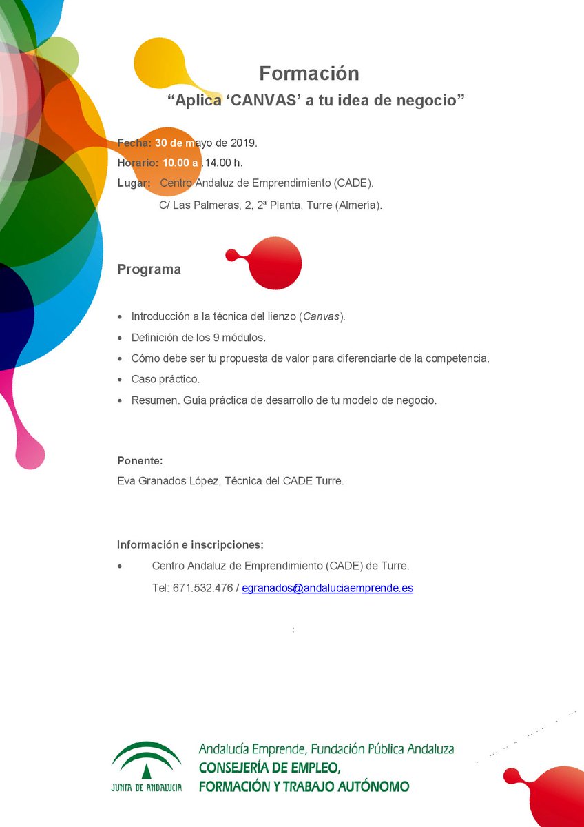 cadealmeria's tweet photo. ¿Estás dispuest@ a #Emprender ?. Asiste el próximo jueves, 30/05, al curso "Aplica #CANVAS a tu #idea de #negocio" en #CADETurre. Aprenderás a trabajar sobre tu modelo de de negocio de una manera práctica, interactiva y sencilla. 😉 @cadealmeria @aemprende #emprendedores https://t.co/hSWS8gttyZ