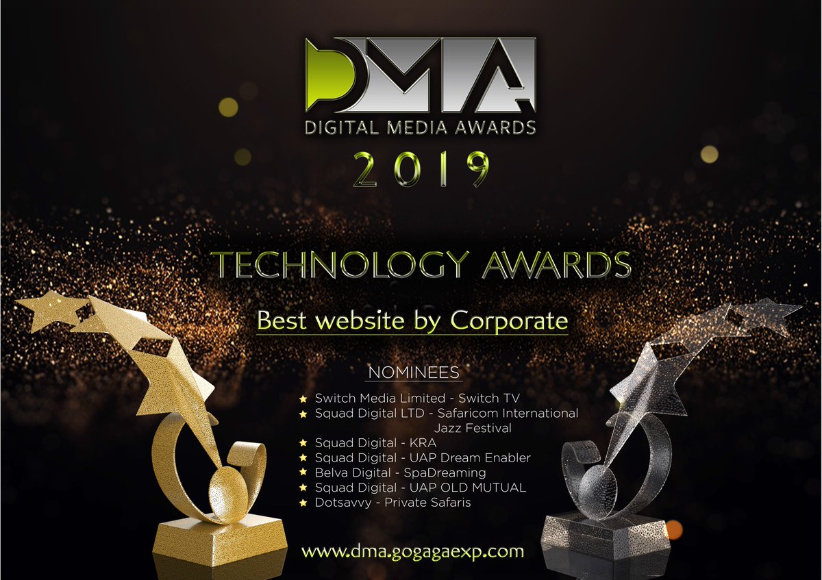 #DigitalMediaAwards 2019 nominees for the category Best Website by Corporate. 
For tickets, contact us on 0787200143 / beryle@gogagaexp.com
<a href="/SquadDigital/">Squad Africa</a> <a href="/SafaricomPLC/">Safaricom PLC</a>  <a href="/KRACorporate/">Kenya Revenue Authority</a> <a href="/OldMutualKenya/">UAP Old Mutual is now Old Mutual @oldmutual_ke</a> <a href="/BelvaDigital/">Belva Digital</a> <a href="/SpaDreaming/">SpaDreaming</a> <a href="/dotsavvy/">Dotsavvy</a> <a href="/PSafaris_EA/">Private Safaris EA</a>