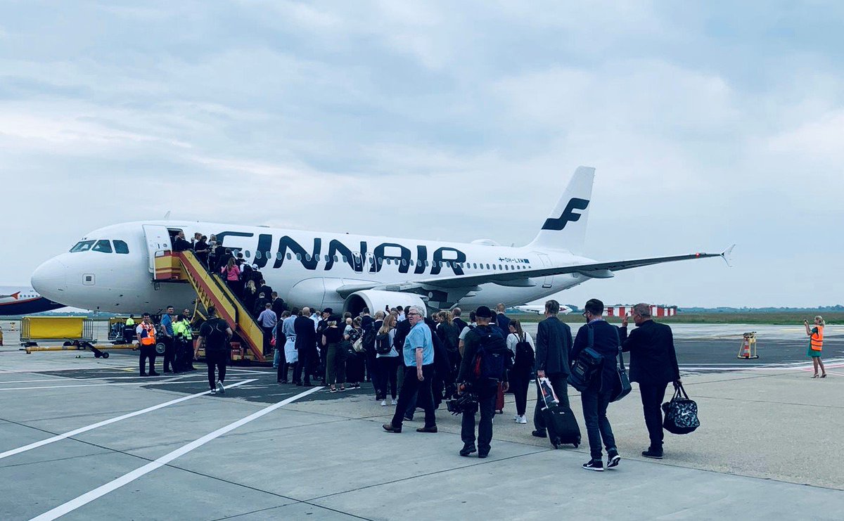 Finnair's tweet photo. Finnair flight AY7512 from Bratislava to Helsinki is boarding! The World Champions and Gold Medalists @leijonat 🦁are on their way home to 🇫🇮 #FlyingwithFinnair #Mörkölento #IIHFWorlds2019 https://t.co/hjxqvzCP1v