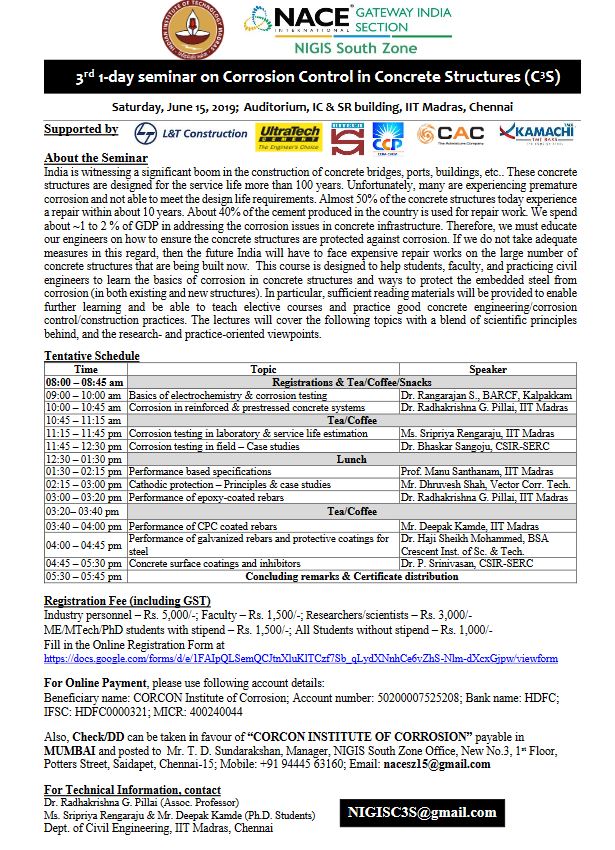 prabhamohandoss's tweet photo. 3rd 1-day Seminar on Corrosion Control in Concrete Structures (C3S) #iitmadras #Concrete #Corrosion #nace #seminar #construction #civilengineering #structures https://t.co/izbx8N31sm