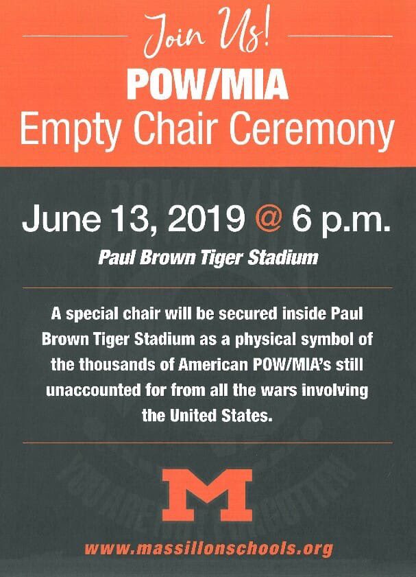 CoachNMoore's tweet photo. Please join us in Paul Brown Tiger Stadium on June 13th when we dedicate an empty chair to our American Soldiers who remain POW/MIA. 🇺🇸 #TIG https://t.co/KZWdQ4M39j