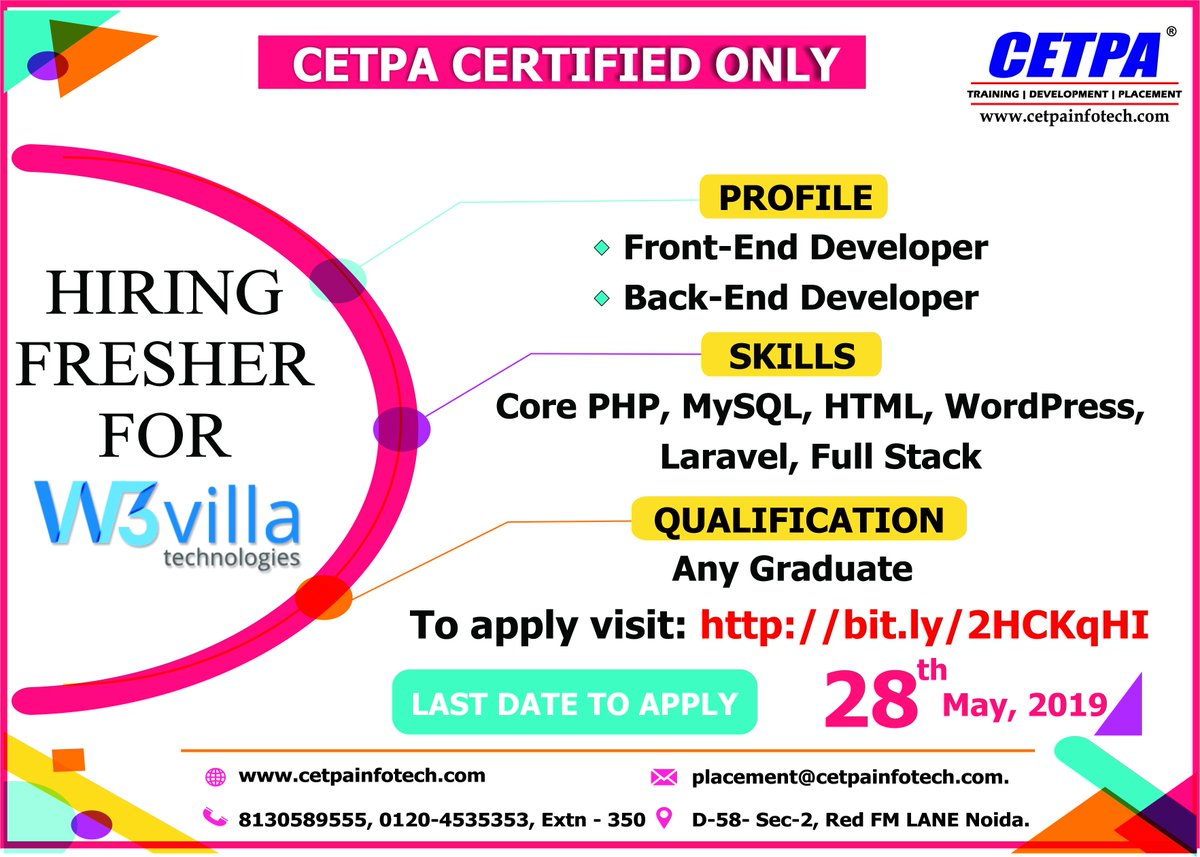 cetpainfo's tweet image. #Job Opening for Front and Back End Developer
Company:- W3Villa Technologies Pvt. Ltd.
Qualification: Any Graduate To Get more information Contact:- 0120-4535353 Click to apply:- bit.ly/2HCKqHI
#CorePHP #HTML #Wordpress #Laravel #BackEndDeveloper #FrontEndDeveloper