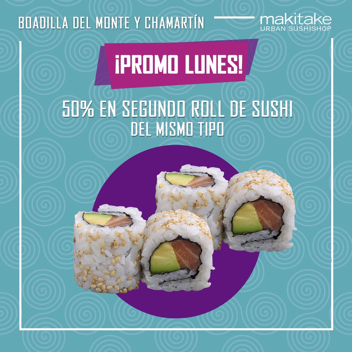 Si este lunes te está pareciendo muy lunes, nosotros te ofrecemos una solución. Con nuestra #oferta en nuestros locales de #Chamartín y #BoadillaDelMonte podrás disfrutar de un #descuento de un 50% en los segundos rolls que pidas del mismo tipo. ¡Te lo mereces! 😉😉😉
