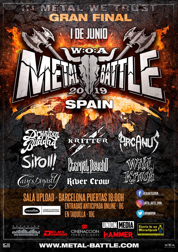 ¡SEMANA DE METAL BATTLE! 

Nos vemos este próximo sábado 1 de junio en la Sala Upload de Barcelona junto a Cain's Dinasty, Drunken Buddha, Eternal Psycho, Kritter, River Crow, Siroll y Wild Krash.

Entradas ➡️ tiny.cc/86gc7y
Evento ➡️ tiny.cc/78gc7y