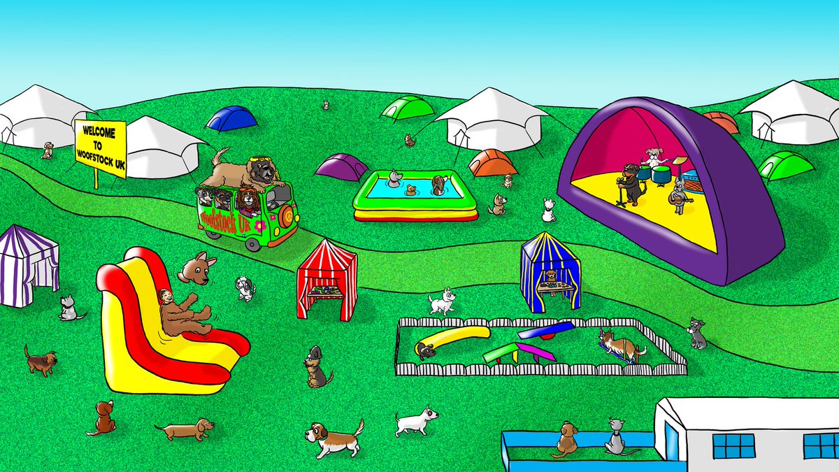 woofstockuk's tweet photo. A huge round of applause to @ScottysCartoons who once again has produced a brilliant cartoon for us. It really captures the spirit of #woofstockuk2019 #festivalbydogsfordogs #camping #glamping #splashpool #displays #livemusic #humanstolerated https://t.co/dOqoqpBIt3