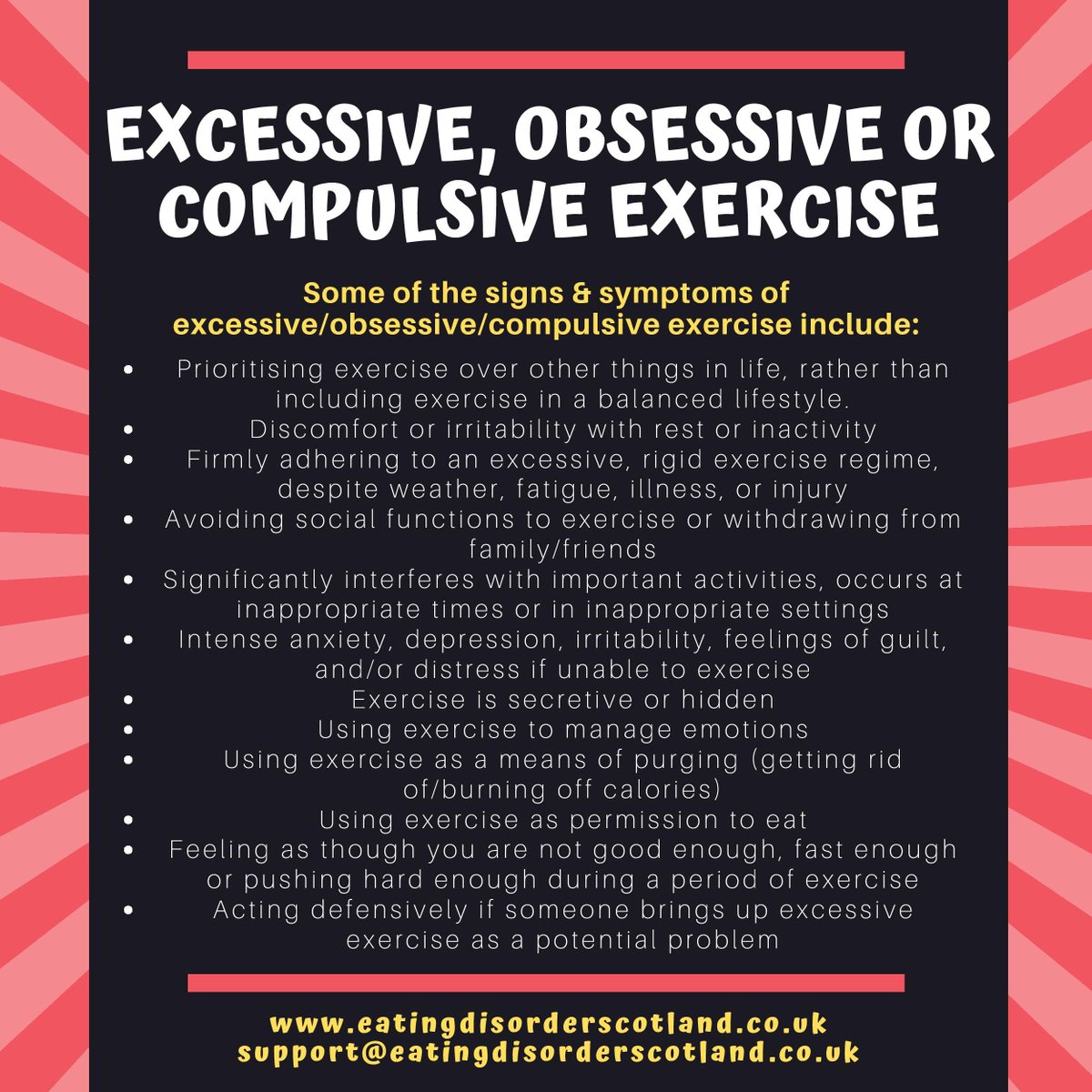 TalkingEDsScot's tweet photo. EXCESSIVE, OBSESSIVE OR COMPULSIVE EXERCISE. See our blog post here for info & support: https://t.co/Ui8tjnruQR Some signs & symptoms also in poster below #eatingdisorders #anorexia #bulimia #exercise #overexercise #exerciseaddiction #cbt #therapy #support #counselling #Glasgow https://t.co/sYJaM1mNF4
