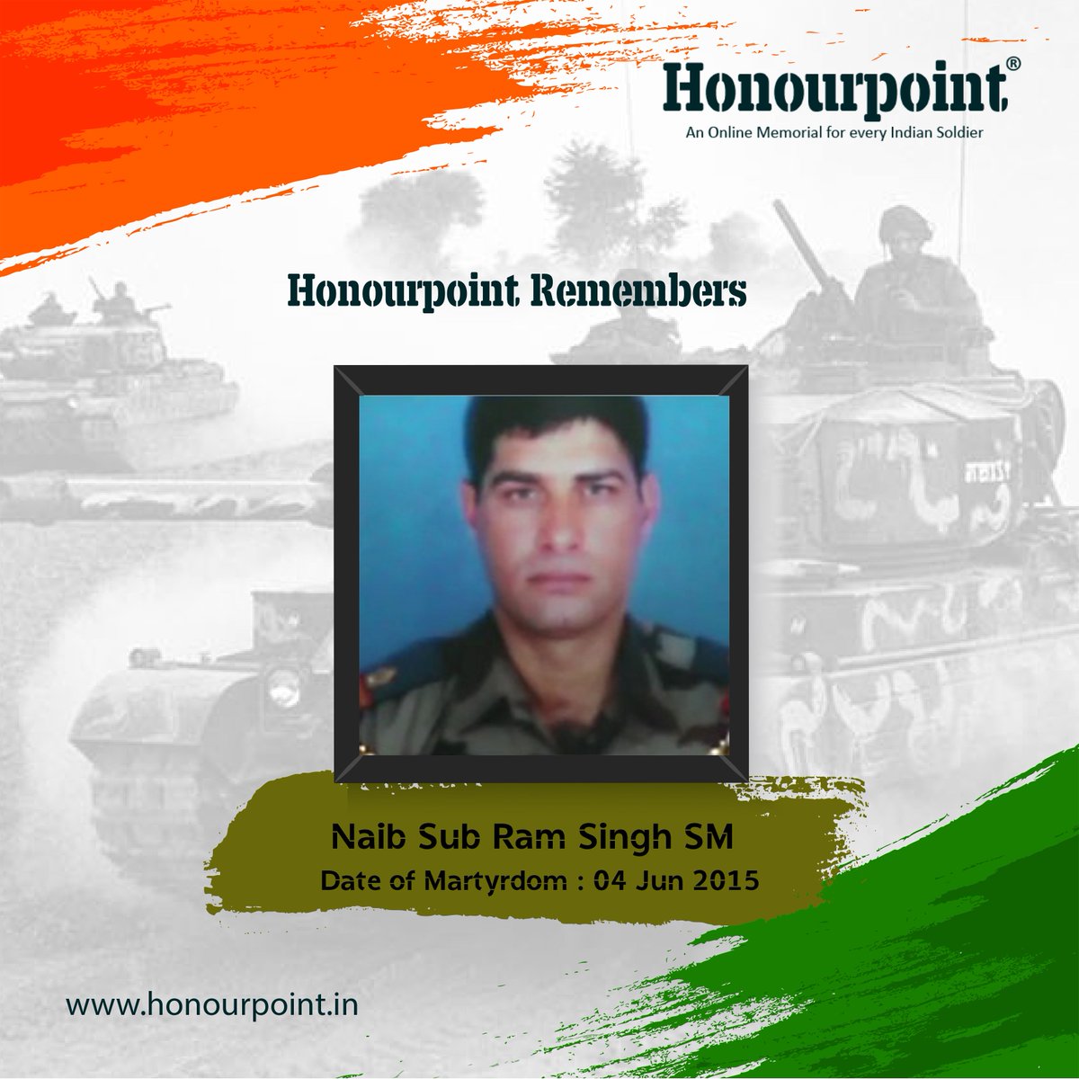 #Honourpoint remembers Naib Subedar Ram Singh the #SenaMedal awardee on his 'Day of Martyrdom' today. He belonged to the #DograRegiment of #IndianArmy & was martyred on 04 Jun 2015 in an Op in #Manipur. More at honourpoint.in/profile/naib-s… @gauravcsawant @Soldiering_ @rwac48