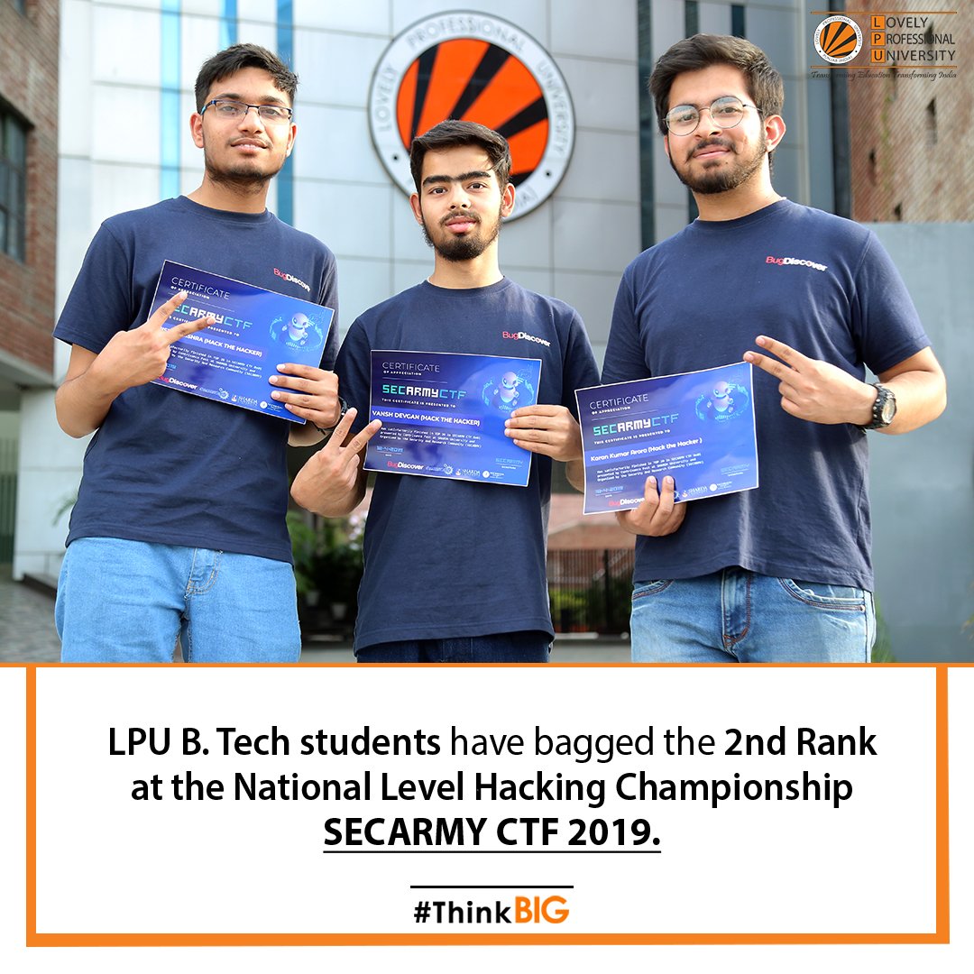 lpuuniversity's tweet photo. A marvellous achievement to add in the bequest as 3 of #LPU https://t.co/NSW7HXG2gL Students have bagged the #2Rank among the 500 teams that participated in the National Level Hacking Championship, #SECArmyCTF 2019. #ThinkBIG #CyberSecurity #Hacking #EngineeringAtLPU https://t.co/xGDCVeTxja