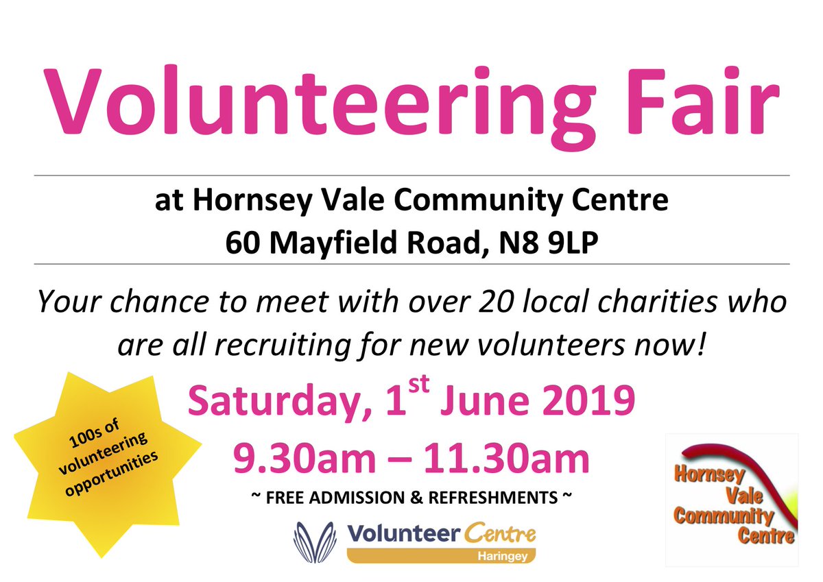 Come to our Volunteering Fair next Saturday, 1 June and find out more about volunteering with <a href="/Yourallypally/">Alexandra Palace</a> 
#Haringey #VolunteerHaringey #VolunteersWeek