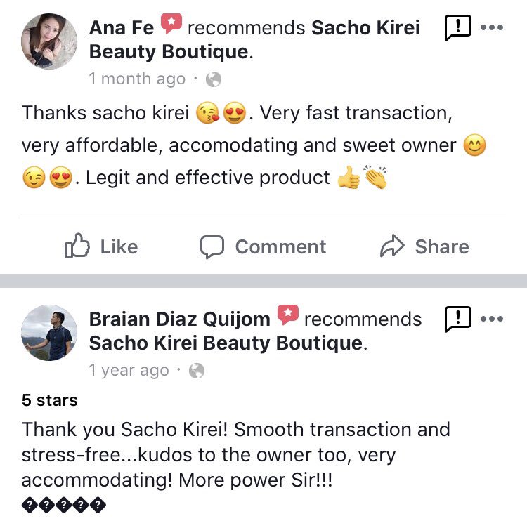 SachoKirei's tweet photo. Some of the Reviews on how Effective the Sacho Kirei Products, How Fast &amp; Efficient our Service &amp; How Friendly &amp; Accomodating our Admins. 👍🏽😊
🌸 #SachoKirei 💖 https://t.co/LNFrIIYvce