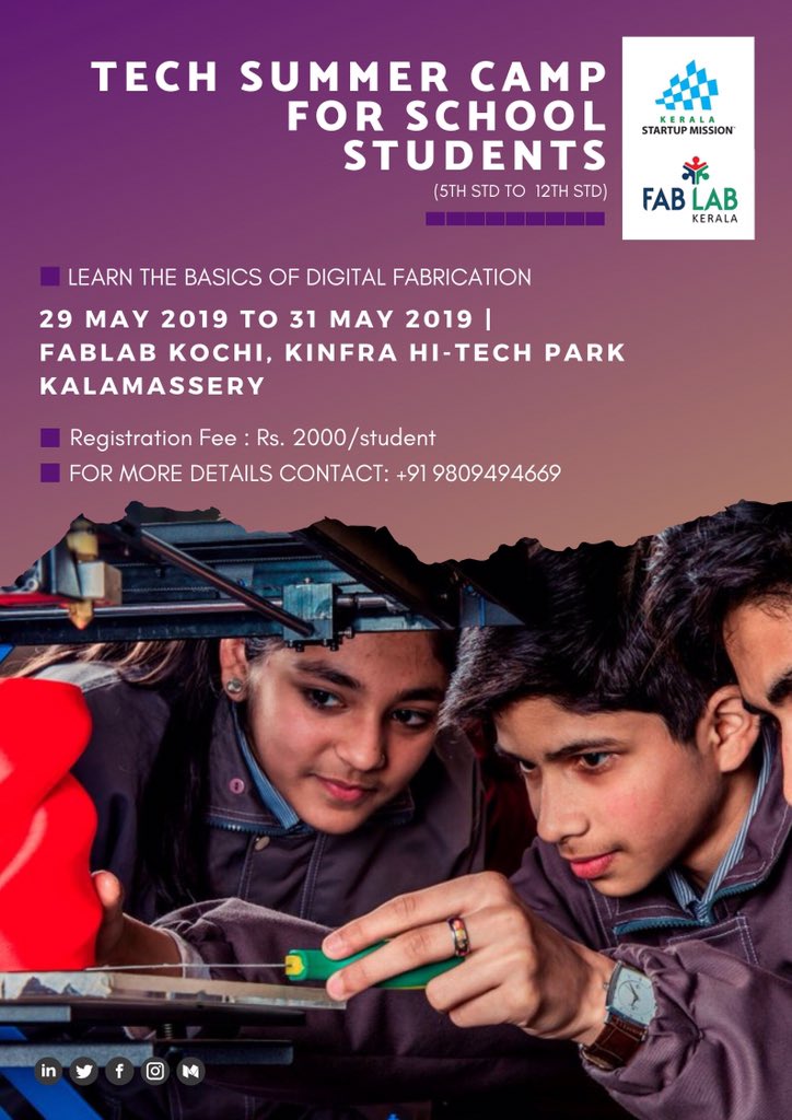 startup_mission's tweet photo. ONLY TWO MORE DAYS TO GO!!
#FabLabKerala is organising an 'Introduction to Digital Fabrication' workshop for #students from 5th to 12th standard.
The Summer workshop is designed to give an overview of rapid prototyping capabilities of a Fab facility. https://t.co/vT4jZqjUsv #ksum https://t.co/gh1AWdCEhf