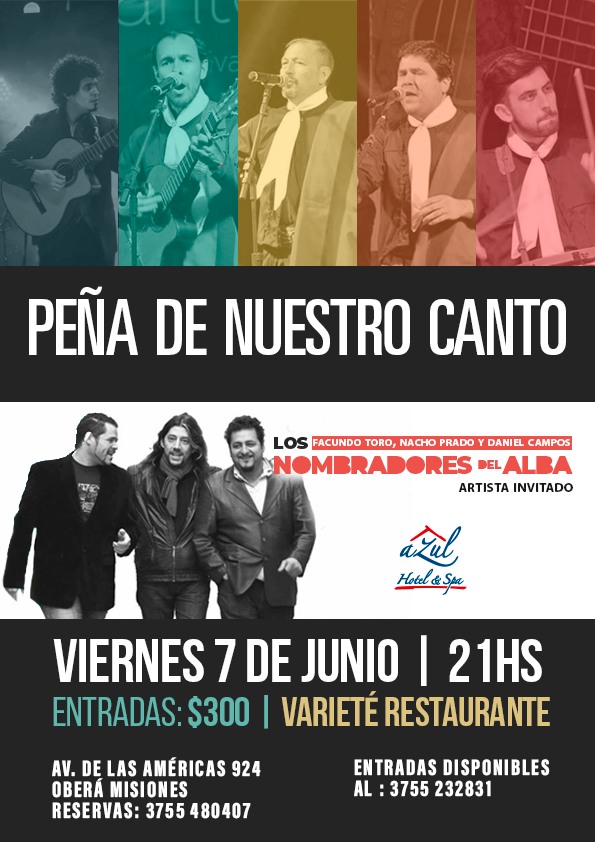 HotelAzulObera's tweet photo. 👉Se viene una nueva peña sin precedentes en #VarietéRestaurant, con destacadas figuras del folclore a nivel local y nacional.

«Peña de Nuestro Canto» junto a @nombradores del alba.
📅#VIERNES 7 de junio | 21hs | Entradas: $300 https://t.co/N6fUoOJScT