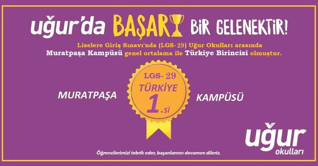 Uğur Okulları Türkiye genelinde düzenlenen LGS29 deneme sınavında 8. sınıf öğrencilerimiz Türkiye 1.’si olmuşlardır. Öğrencilerimizi ve öğretmenlerimizi tebrik ediyoruz.#UğurluOlmak #Lgs <a href="/adilkurt9/">Adil Kurt</a> <a href="/nilcicek/">Nil Çiçek</a> <a href="/SakirUlucay/">sakir ulucay</a> <a href="/leventalper07/">Levent ALPER</a> @muratpasaugur