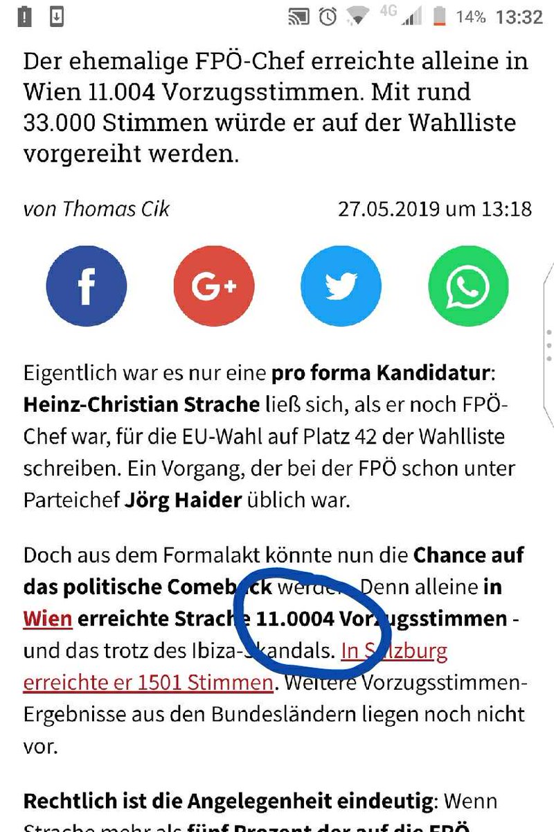 Liebe <a href="/kleinezeitung/">Kleine Zeitung</a> , guter Artikel, vor allem trotz schlechtem FP Ergebnis in Wien wohl tatsächlich eine echte Chance für Strache, aber bitte eine 0 streichen, sonst hätten wir eine Sensation und bräuchten keinen Konjunktiv mehr