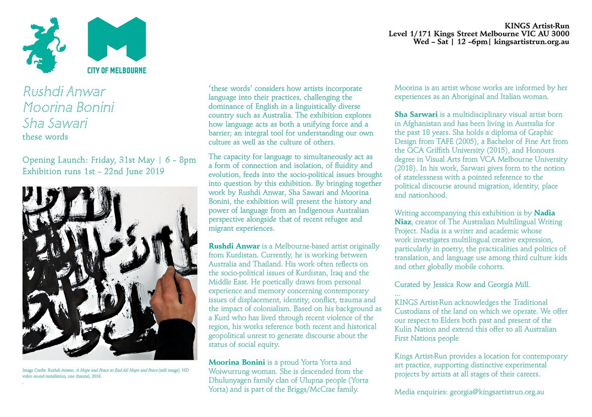 Jessica_Row's tweet image. Join us to celebrate 'these words', curated by myself &amp;amp; Georgia Mill. Featuring new &amp;amp; recent work by the wonderful Sha Sawari, Rushdi Anwar, Moorina Bonini, with accompanying text &amp;amp; live reading by Nadia Niaz at @KINGSartistrun 31 of May, 6-8pm. More at kingsartistrun.org.au/program/these-…
