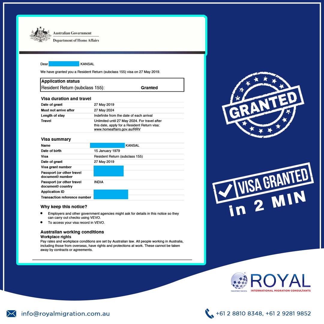 RoyalMigration1's tweet image. We Congratulate Mr KANSAL for Getting RESIDENT RETURN (subclass 155) Grant with Royal Migration in just 2 MINS!

We provide excellent Visa services with quick results.

Call: +61 2 9281 9852, +61 2 8810 8348
Email: info@royalmigration.com.au 

#Residentreturnvisa #RoyalMigration