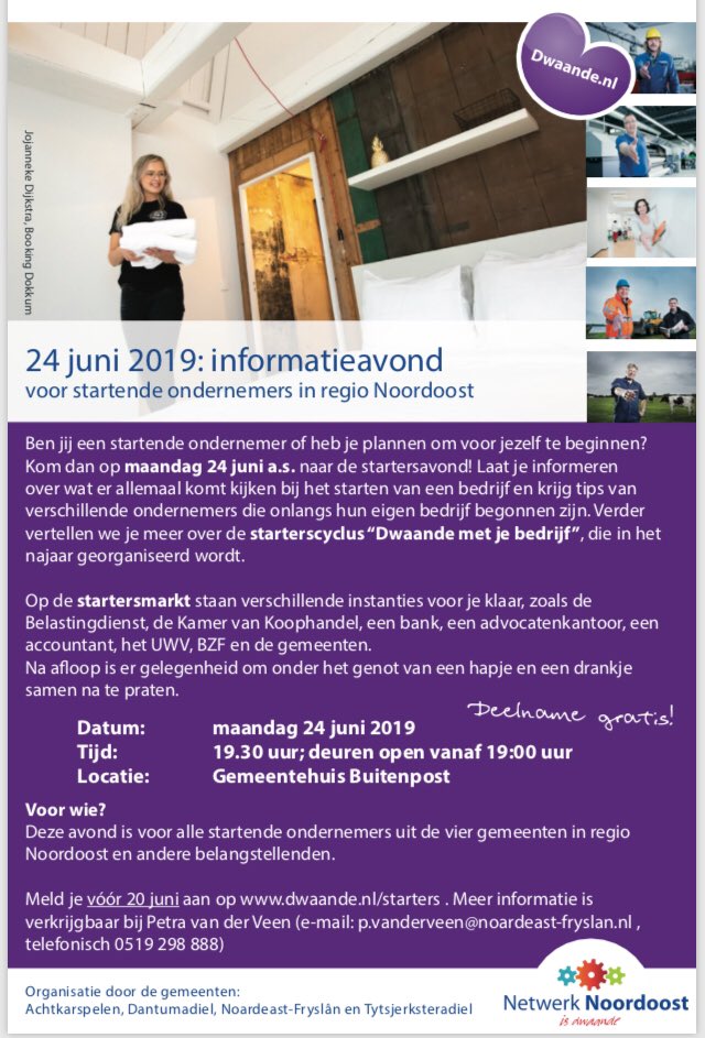Ideeen om voor je zelf te beginnen? Of, net gestart en hoe nu verder? 24 juni is de info avond voor startende ondernemers voor #NOFrl in #Buitenpost
<a href="/Dwaande/">Dwaande</a> <a href="/NetwerkNO/">Netwerk Noordoost</a>