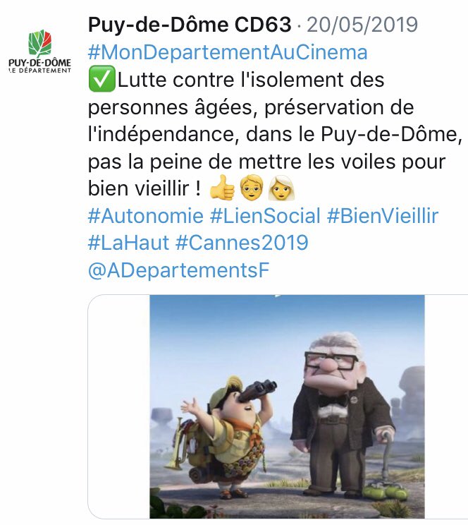 ADepartementsF's tweet photo. Le Grand Prix du #Département le + liké est attribué au @Departement63 avec ses 21 likes et sa référence au film d’animation « Là-Haut » qui met en avant le bien vieillir et l’#Autonomie 🎈🎬👨🏻‍🦳#MonDepartementAuCinema https://t.co/Lhk1bAtaIa