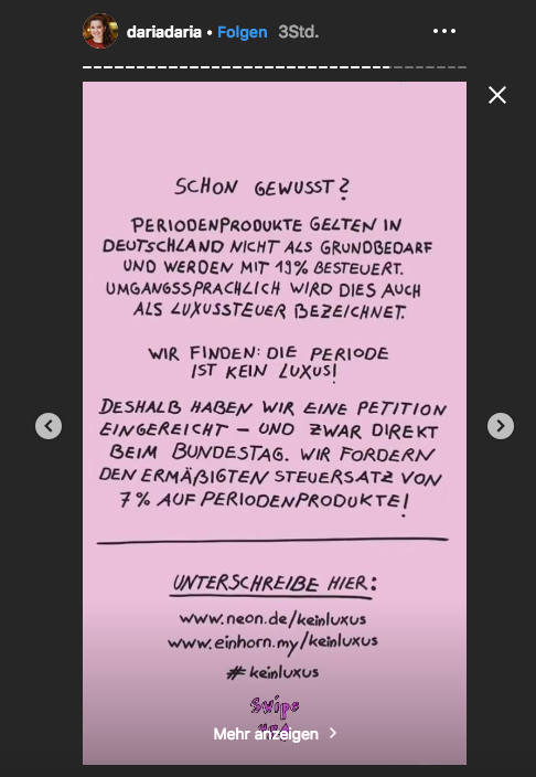 Perioden-Produkte gelten als Grundbedarf,  werden mit 19% besteuert. Umgangssprachlich wird dies Luxussteuer genannt.Wir finden: Unsere Periode ist kein Luxus! Diese Petition fordert: 7% ermäßigter Steuersatz. 15000 Stimmen fehlen noch! Stimmt bis Dienstag epetitionen.bundestag.de/petitionen/_20…
