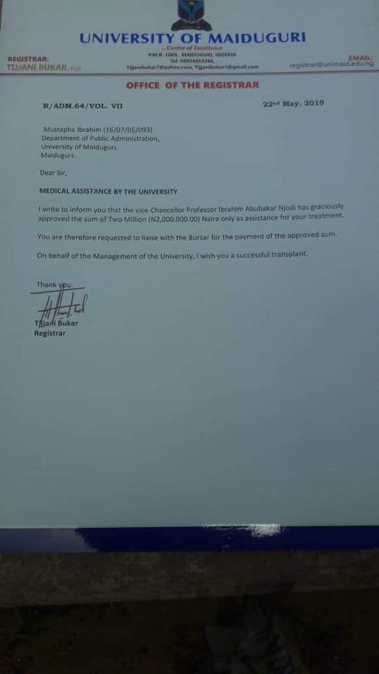 BMB1_Official's tweet photo. #SaveMusty
Alhamdulillah another Achievement
The VC university of maiduguri Prof I Njodi has on behalf of the entire management of UNIMAID approved the Sum of 2 million naira as an assistance to the treatment of #SaveMusty.
Thank You UNIMAID
May Allah’s reward be with you Ameen https://t.co/bQc7OJY2wN