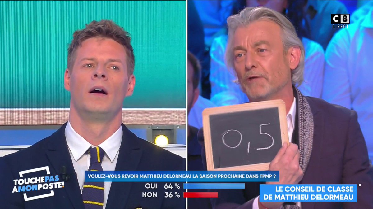 TBT9_W9's tweet photo. Aprรจs un discours piquant, @gillesverdez accorde la note de 0.5 ร @Mdelormeau ๐ #TPMP #TPMPMatthieu https://t.co/Xs4bHkShzn