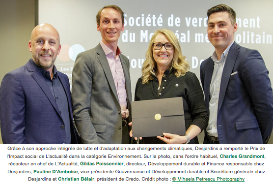 Félicitations <a href="/DesjardinsCoop/">Desjardins</a>, récipiendaire du Prix de l'impact social de L'actualité, catégorie Environnement. Merci d'inspirer le milieu par vos actions innovantes. urlz.fr/9ShT
