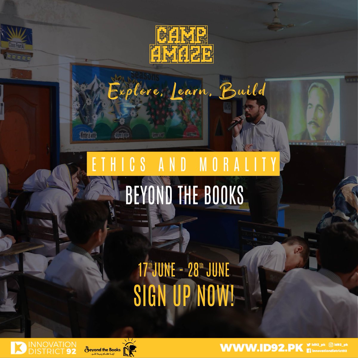 beyondbookspk's tweet photo. GREAT NEWS!
We are very excited to announce that we are in collaboration with @id92_pk for their Summer Camp named "Camp Amaze" as an #ExecutionPartner.
👉 Sign up now: https://t.co/rGQCSVIGNf
#BeyondTheBooks #CampAmaze #SummerCamp #ID92 #ExploreLearnBuild
#ApnaMuqamPaidaKr https://t.co/4EUFQhica8