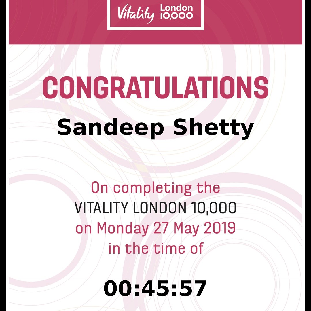 sandeepmshetty's tweet image. Finished the Vitality London 10,000 in 0:45:57 !!