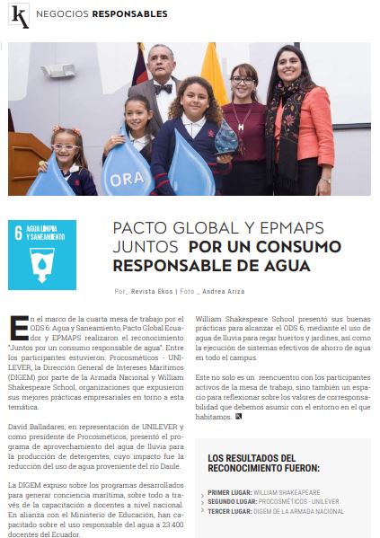 Compartimos esta publicación de @RevistaEkos, sobre el reconocimiento de buenas prácticas para el consumo de agua, en el marco del liderazgo por el ODS a cargo de <a href="/aguadequito/">Epmaps - Agua de Quito</a>.

¡Felicitaciones <a href="/shsquito/">SHAKESPEARE SCHOOL</a> por obtener el 1er. lugar!

Lee más aquí: bit.ly/2HwNZzh
