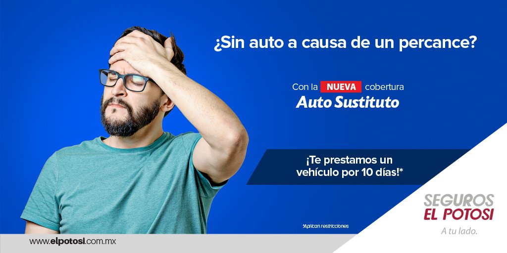 seguroselpotosi's tweet photo. ¿Te quedaste sin auto a causa de un siniestro? 
No te preocupes con nuestra nueva cobertura Auto Sustituto te prestamos uno ¡hasta por 10 días! 
#AutoSustituto #SegurodeAuto #SegurosElPotosi #Atulado https://t.co/WZw1eTr9E2