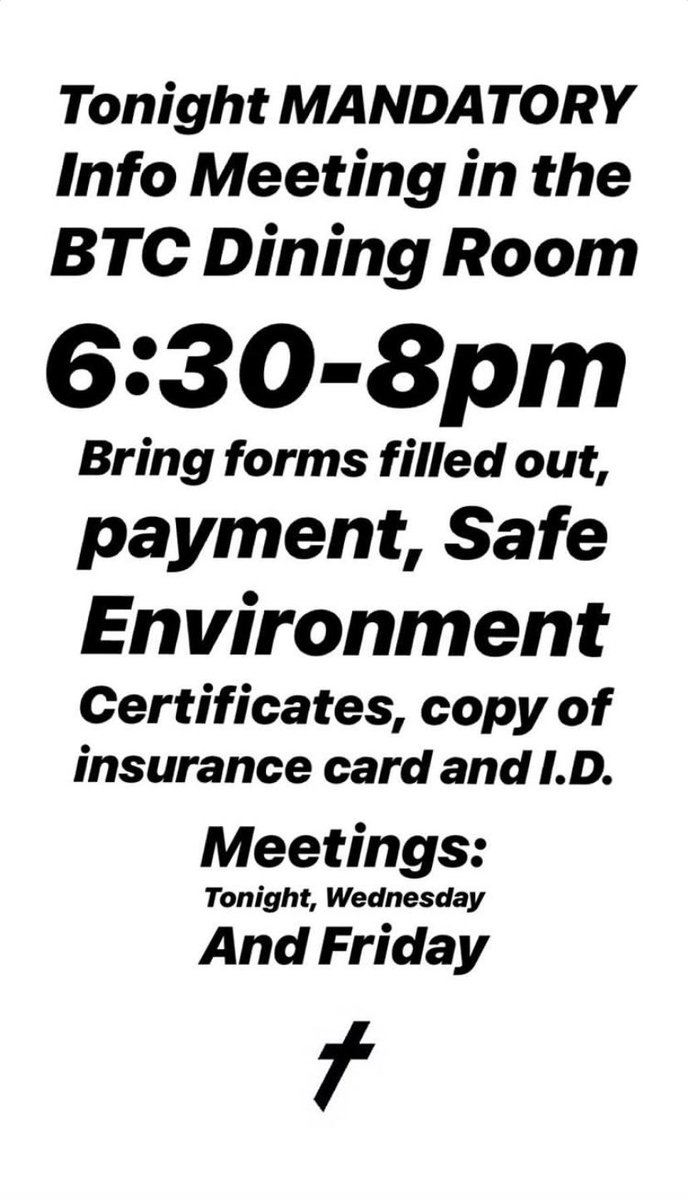Mandatory meeting for Mission Trips tonight! 6:30-8pm at BTC