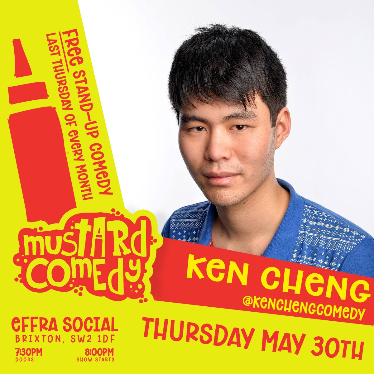Mustard_Comedy's tweet photo. And the second part of our line-up for Mustard Comedy #12 this Thursday in @EffraSocial includes your headliner @kenchengcomedy @LaGuterbock &amp; @FarrellOfLaughs as your MC.

More details here: https://t.co/SzYElr200G https://t.co/YMtgaJNLlb