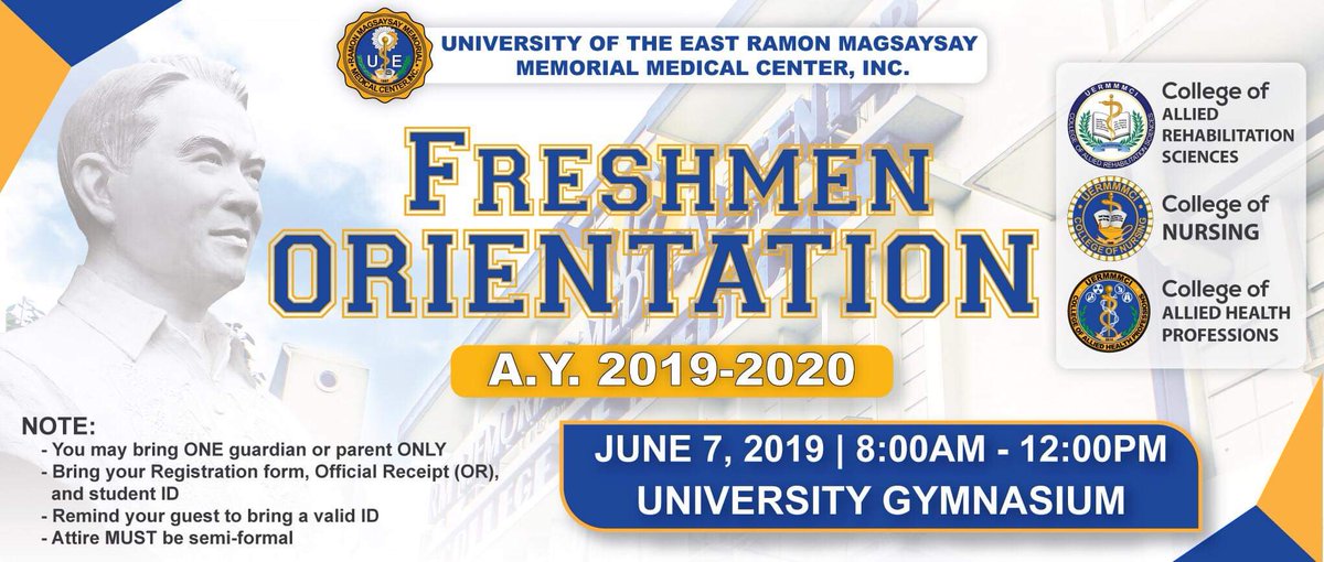 uermcahpsc's tweet photo. [ ANNOUNCEMENT ]

Hello, MedTech freshies! We would like to remind you of the schedule for the upcoming Freshmen Orientation A/Y 2019-2020. Please be guided accordingly. 

Can’t wait to see you all, future RMTs! 
—————
#UERMMedTech 💙💛 https://t.co/9avHbUBKrX