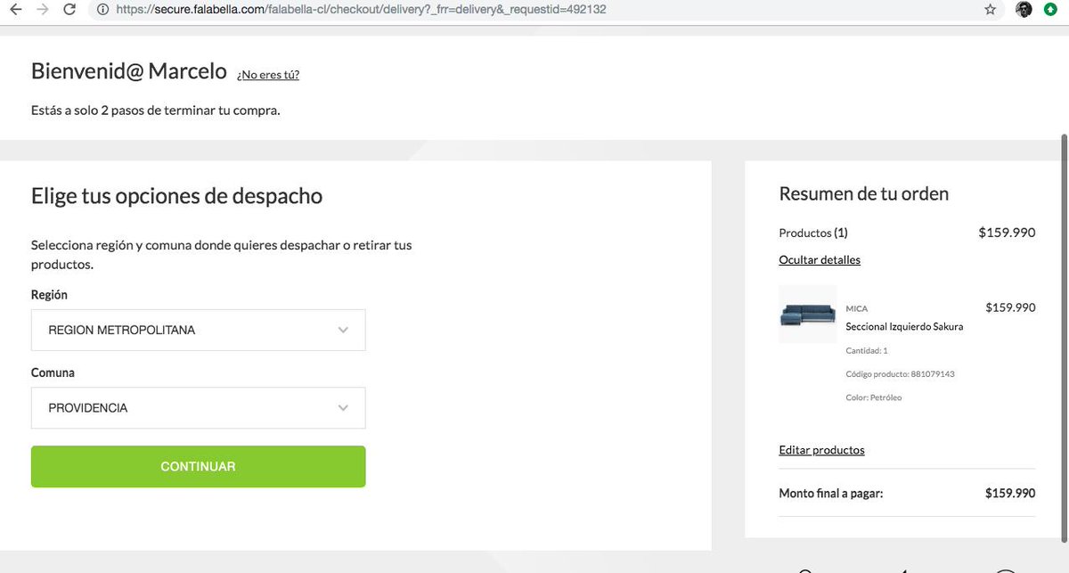 chelocarrascor's tweet photo. #CyberDay2019 #CyberFake Hice seguimiento a un sofá que quiero comprar y justo cuando está a un 75% dcto. no pueden despacharlo a ninguna comuna de Santiago, probé con todas! @FalabellaAyuda https://t.co/Cg7bI7sU9Y