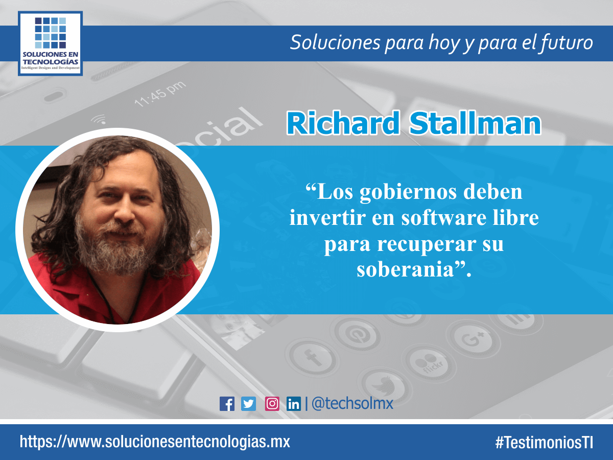 techsolmx's tweet photo. «Los gobiernos deben invertir en software libre para recuperar su soberanía». Richard Stallman, Fundador del Movimiento de Software Libre. https://t.co/tWQvUpHy3e #TestimoniosTI #RichardStallman #SoftwareLibre #Tecnologías #Tecnología #FreedomSoftware #Technologies #Technology https://t.co/UJ5gtvryoo