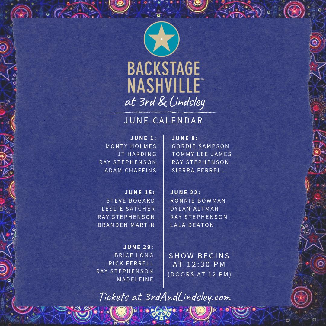 BackstageNash's tweet photo. #BackstageNashville Saturdays at @3rdandLindsley are the place to be this June. Holy moly, check out this lineup! Get your tickets at https://t.co/i1jKyAODPB today.

#Nashville #HitSongwriters #EverySaturday #CountryMusic #NashvilleEvents #ThingsToDoInNashville #DowntownNashville https://t.co/wDIDg7GKrO