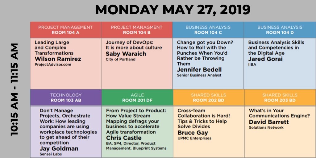 projectworld's tweet photo. Up first for the day! Check out the sessions happening from 10:15AM - 11:15AM at #PWBAWTOR! 

#WilsonRamirez
@sabywaraich
@jennbedell
@ThePassionateBA
@jaygoldman
#ChrisCastle
@brucegay
@dbarrett1

#Conference #BA #PM #PMI #IIBA #PDU https://t.co/8nlXZRr6Hu