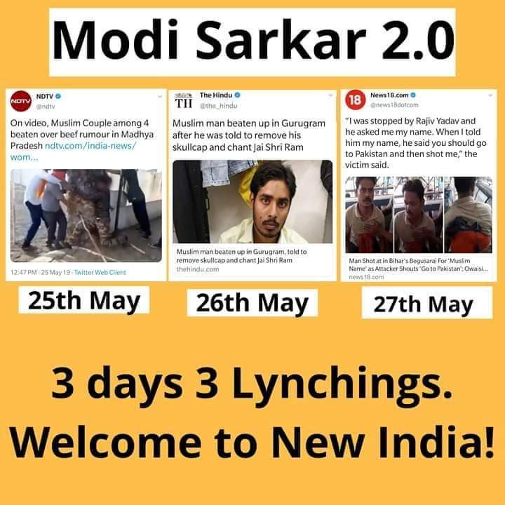 Pakkirmdjas1's tweet photo. #Modi_Sarkar❗😡🇮🇳❓

1) Couple beaten up over #beef rumour.

2) Man beaten up in Gurugram,was told to remove his skull cap &amp; chant Jai Shri Ram

3) Man #shot with a #bullet for having a #Muslim name.
#modi https://t.co/1J3YNbqiHY
