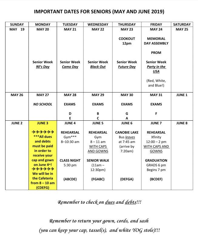 Senior schedule including exams for the next two weeks