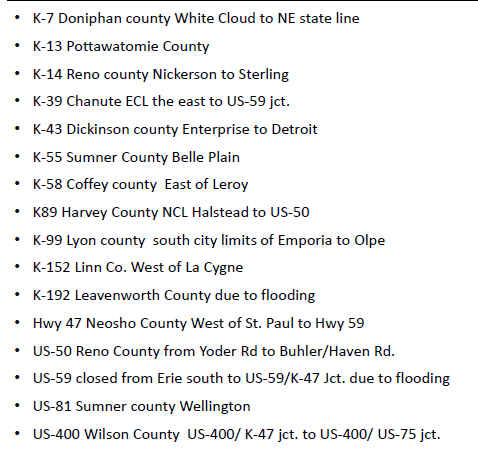 TrooperrickKHP's tweet photo. Latest road closings as of 8:00 a.m. 05/27/2019 Don't drive into water across the road, it may be washed away. Use caution! https://t.co/fdH6GtN5KO